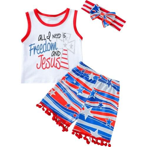 2021-04-09 Lioraitiin 3Pcs Set 0-4Years Toddler Girl’s Independent Day Clothes Letter Sleeveless Tops Stripe Plush Ball Shorts