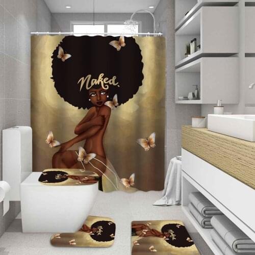Butterfly Sexy Girl Shower Curtain Set African American Bathroom Curtains and Non-Slip Rugs Toilet Lid Cover Mat Carpet Sets