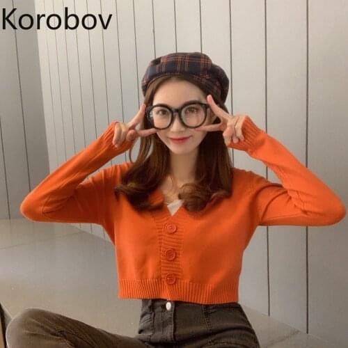 Korobov Korean Sweet Chic V Neck Long Sleeve Women Cardigans 2021 New Korean Preppy Style Knitwear Tops Autumn Outwear Top