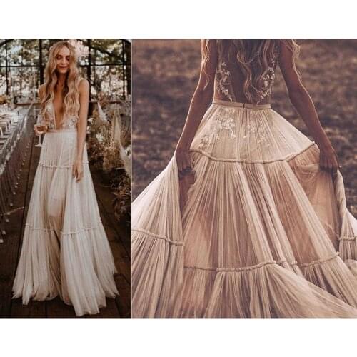 2021 New Sleeveless Lace V-neck Wedding Dress Zipper A-line Bridal Boho Bohemian