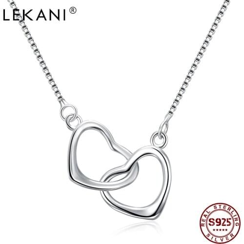 LEKANI Brand 925 Sterling Silver For Women Necklace Heart With Heart Together Pendent Necklace Girlfriend Gifts Fine Jewelry