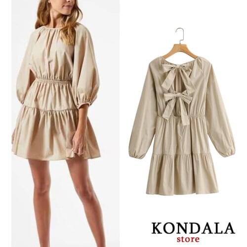 KONDALA Za 2020 Fashion Women Dress Casual Elastic Beige Mini Party Dress Bow Tie Ruffles Long Puff Sleeve Dress Elegant Vestido