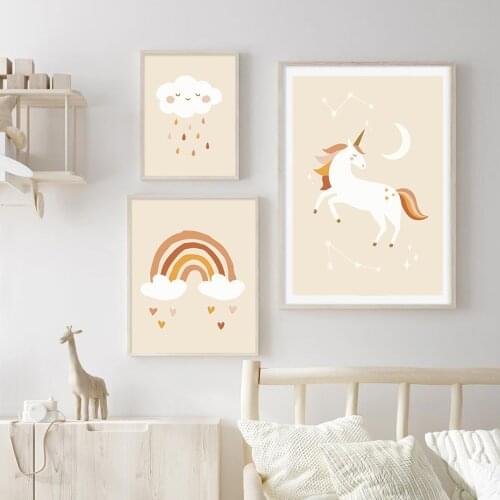 Cartoon Rainbow Cloud Raindrop Unicorn Canvas Paintings Wall Art Nursery Kawaii Poster Pictures For Kids Room Bedroom Home Decor