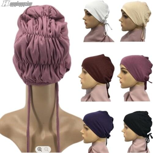 Muslim Women Lace Up Tie Back Jersey Hijab Underscarf Caps Elastic Head Wrap Turban Bonnet Islamic Headscarf Arab Headwear