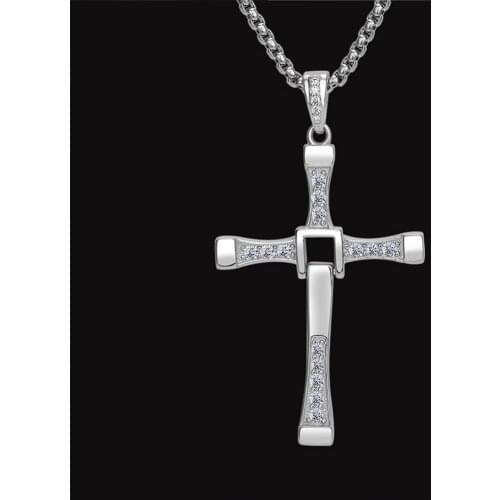 MetJakt Fast & Furious Male Lead Cross Zircon Necklaces & 55cm Silver Box Chain Solid 925 Sterling Silver Necklace for Unisex