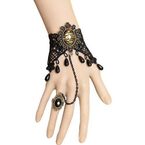 MWT Handmade Leopard Print Rhinestone Flower Bracelet & Adjustable Ring Set Wristbands Slave Lolita Gothic Fashion Accessories