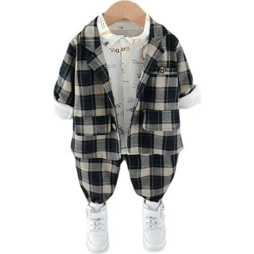 New Spring Autumn Baby Boys Clothes Suit Children Plaid Coat Shirt Pants 3Pcs/Set Toddler Casual Clothing Kids Gentleman Costume