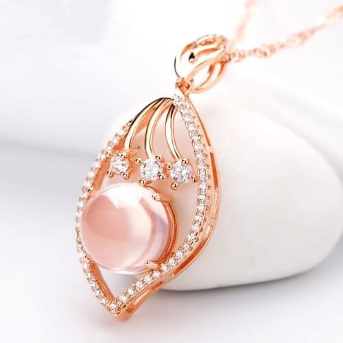 Real 14K Rose Gold Necklace Natural Rose Quartz Pendant for Women Pierscionki Topaz Gemstone Bizuteria Wedding Pendant Jewelry