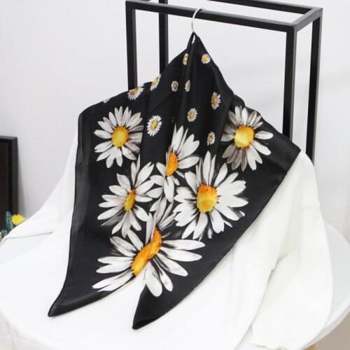 70*70cm Floral Print Handkerchief Silk Satin Headband Hair Scarf For Women Small Shawls and Wraps Neck Scarves For Ladies Black