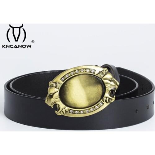 Luxury Brand Belts For Men Women Fashion Shiny Diamond Retro Lion Head Buckle High Quality Waist Shaper Cowhide Leather Belts