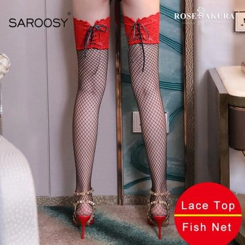 SAROOSY Sexy New Fishnet Mesh Stockings for Women Thigh High Lace Top Detail Over Knee See Through Fish Net