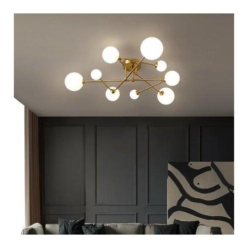 Nordic Led Ceiling Chandelier Lamp for Living Room Bedroom Multi-Heads Golden Copper Glass Ball Chandelier Lighting Home Fixture