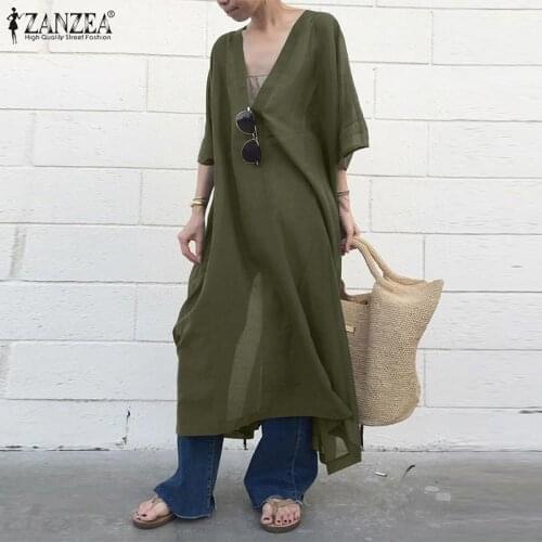 Oversized ZANZEA Women Summer Blouse Elegant V Neck Short Sleeve Solid Long Shirt Casual Female Party Blusas Chemise Loose Tops