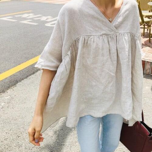 Johnature New V-neck Korean Irregular Women Tops 2021 Summer Solid Color Loose Female Shirts