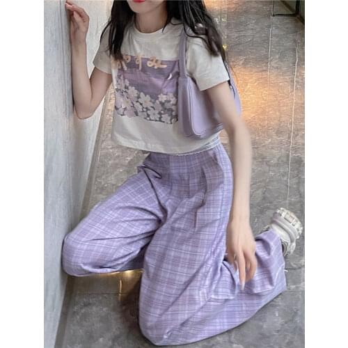 HOUZHOU Korean Fashion Purple Plaid Pants Women Kawaii Soft Girl Oversize High Waist Wide Leg Checked Trousers For Female