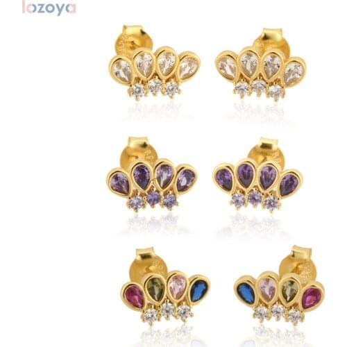 Lozoya 925 Sterling Silver Four Jewelry For Women Purple Zircon Stud Earring Piercing Luxury Crystal CZ Ohrringe Pendientes