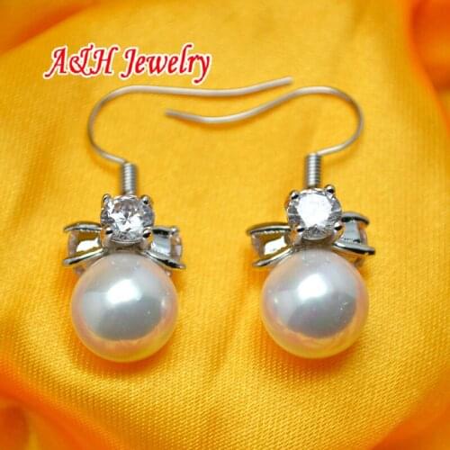 5pairs High Quality 10mm White Shell Ball Drop Earrings Zircon Setting Fashion Women Jewelry