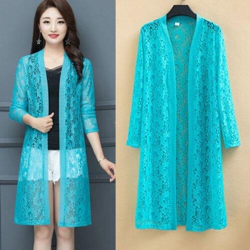 Plus size S-5XL Summer Women Lace Long Cardigan Sexy Hollow Sun Protection Clothing Sunscreen Blouses Outwear Beachwear Female