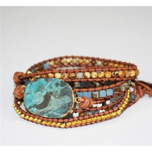 2019 Unique Jewelry Leather Wrap Beaded Bracelet Boho Style Luxury Huge Ocean Crystal Stone Bangle For Women Accessories