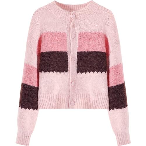 Vintage Block Color Sweater Women Knitted Cardigans Harajuku Lazy Style Ladies O-Neck Button Striped Cardigan Knitwear Tops
