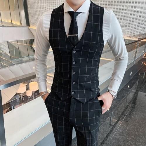 2021 New Autumn Brand Business Casual Plaid Mens Suit Vest Classic Retro Mens Formal Vest Groom Wedding Dress Party