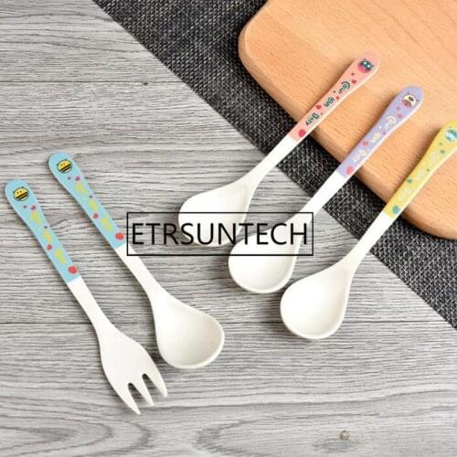100sets 2Pcs/Set Bamboo Fiber Children Fork Spoon Cartoon Baby Food Training Tableware Children Spoon Flatware