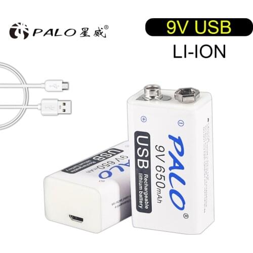PALO 9V 6F22 Battery 650mAh 9V Li-ion Rechargeable Battery 9Volt Micro USB Rechargeable Battery for Multimeter KTV Micropho