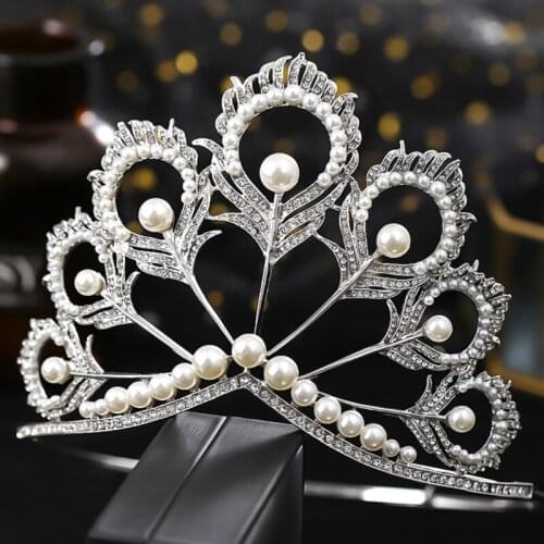 Shiny Faux Pearl Women Crown Crystal Hair Tiara Bridal Party Wedding Headdress AXYD
