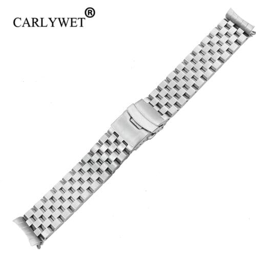 CARLYWET 22mm Silver Hollow Curved End Solid Links Replacement Watch Band Strap Bracelet Double Push Clasp For Seiko