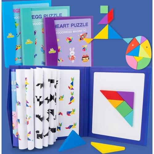 Kids Jigsaw Travel Game Challenge IQ Colorful Educational Book Early Learning Gift Magnetic Tangram Wooden Toy Montessori