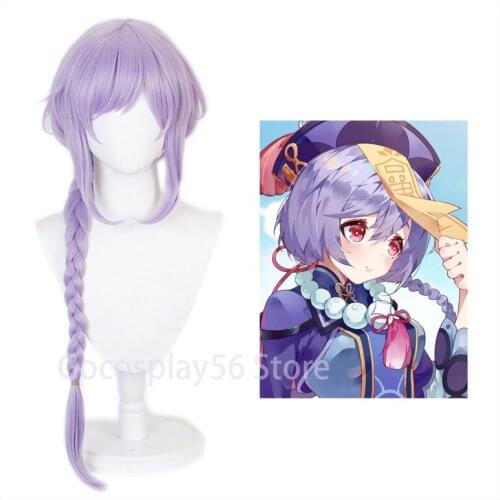 Genshin Impact Cosplay Qiqi Wig Bright Purple Long Braids Lavender Braided Heat Resistant Hair Women Halloween Role Play