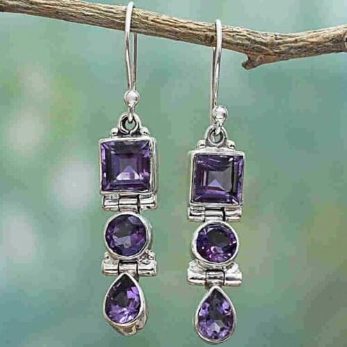 Fashion Woman Girl Party Wedding Gift Geometric Purple Crystal Dangle Hook Drop Dangle Earrings Jewelry