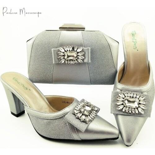 Hot Selling African SIlver Color Nigerian Fashion Crystal Style Italian Design Party Wedding Ladies Shoes and Bag Set