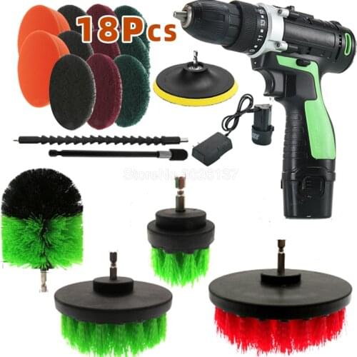 18 Pcs Drill Brush Set White Power Scrubber Car Detailing Brushes For Carpet Glass Leather Tire Wheel Cleaning Kit Wash Tools