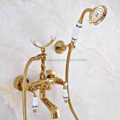 Gold Color Brass Bath Shower Faucet Set Dual Knobs Wall Mounted Bathtub Mixers with Handshower Swive Tub Spout Nna908