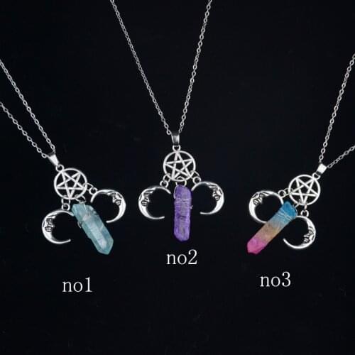 Witch Pentagram Moon Crystal Quartz Pendant Necklace,Pagan Jewelry,Wiccan Amulet Jewelry