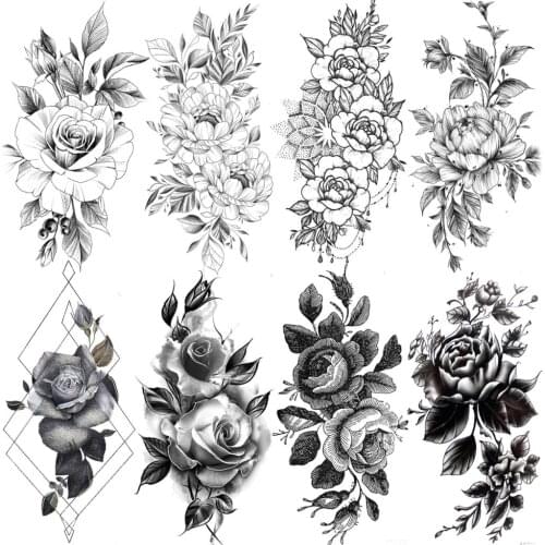 Realistic Black Rose Flower Temporary Tattoos Fake Waterproof Tatoo Body Art Arm Leg Floral Peony Bloosom Tattoo Stickers Makeup