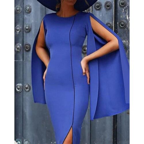 RMSFE 2021 Womens Round Neck Fashion Solid Color Sexy Dark Blue Cape Side Slit Slim Temperament Elegant Dress