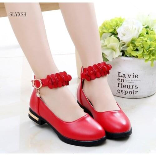 SLYXSH Girls Leather Shoes Children Flowers Black Red White Dress Shoes Kids Princess Students School Shoes Size 27-37