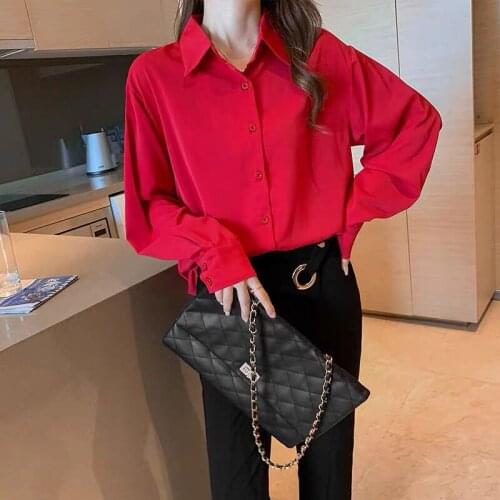 Women Shirt Blouse Autumn Red Chiffon Shirt Womens Retro Top Blusas Ropa De Mujer