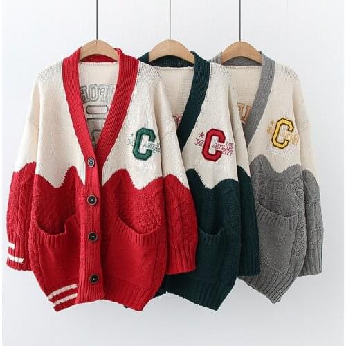 High Quality 2021 Women Oversized Cardigans V Neck Embroidery Casual Patchwork Loose Jumpers Thick Warm Spring Knit Jacket Coat