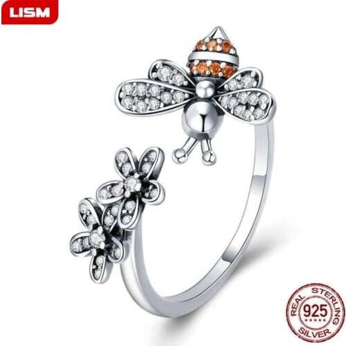 Fashion 100% 925 Sterling Silver Trendy Bee & Daisy Flower Finger Rings for Women Adjustable Size Valentine Gift Jewelry