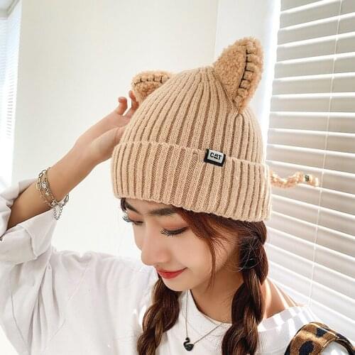 Winter Warm Female Cap Cute Hat With Ears Knitted Winter Cat Skullies Hat 2021 Woman Outdoor Beanies Hat Panama Lady Cap