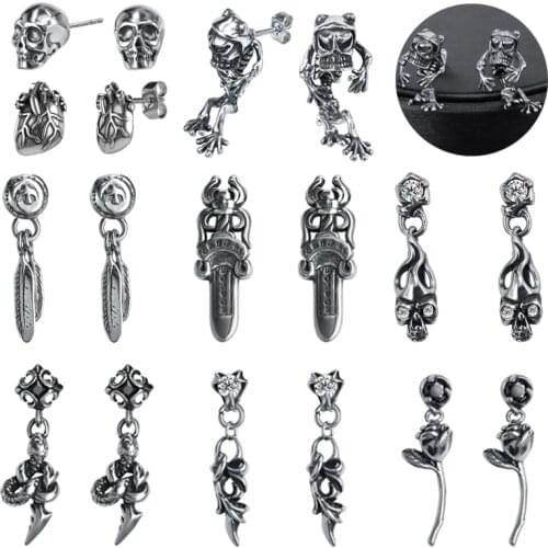 ZS Punk Rock Stud Earrings for Man Women Stainless Steel Drop Dangle Earrings Gothic Rose Skull Ear Stud Hip-Hop Earring Jewelry