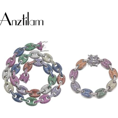 12MM Color Coffee Beans Chain Pig Nose Chain Iced Out Bracelet Necklace Set Link Zircon Stone Necklaces For Men Jewelry Sets