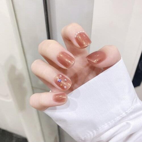 24pcs Milks Tea Color Diamond Wear Long Paragraph Fashion Manicure Patch False Nails Save Time Wearable Jelly Nail Patch -VL16