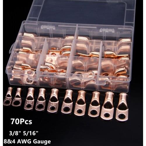 70Pcs Assortment Wire Ring Terminal Lug Copper Bare Battery Welding Crimp Lug Closed End Connectors Kit