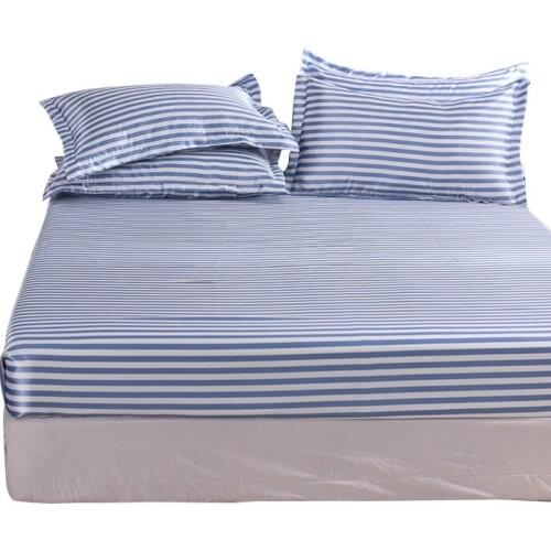 Blue Stripes Satin Silk Fitted Sheet Luxury Mattress Protector Cover with Elastic Band Twin Queen Bed Sheet Free Shipping 1pc