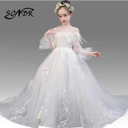 White Flower Girl Dress For Weddings HT138 Embroidery Lace Kids Princess Dresses Tassel Long Sleeve Flower Girls Ball Gowns