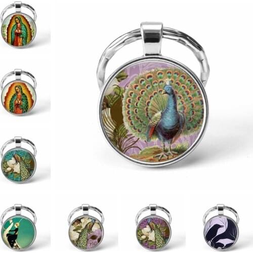 Peacock Keychain Charming Fashion Unique Key Chain Key Ring Keyholder Glass Dome Handmade Men Womem Gifts Jewelry